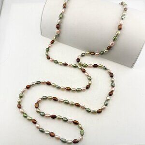 Honora Pearl Necklace Long Oval 52" Green Pink Brown Sterling Multicolor Flapper